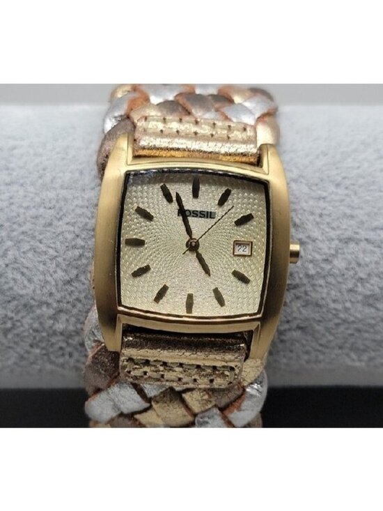 Vintage Fossil Ladies JR9017 Square Watch Date Window Woven Leather Band  8\